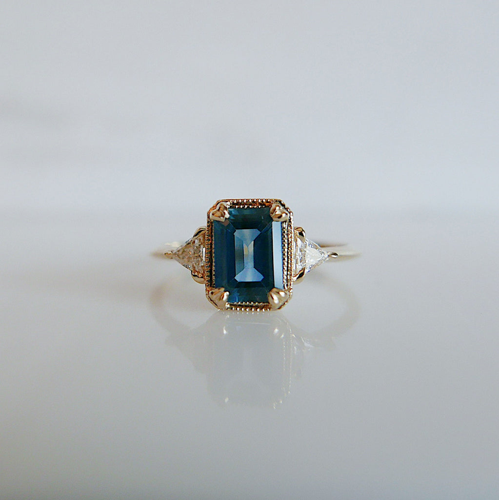 Amelia blue sapphire Ring, 3 stone ring, classic alternative engagement ring, light blue sapphire emerald cut and Diamond trillion ring
