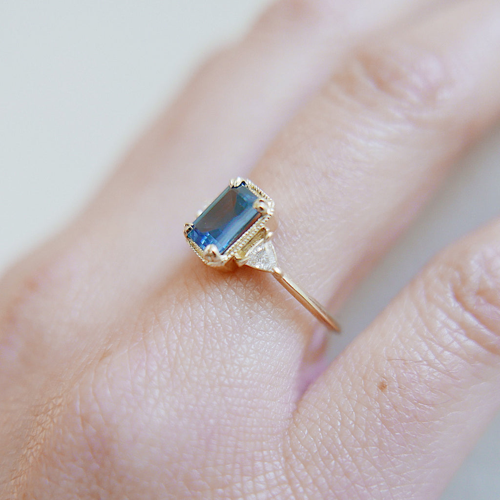 Amelia blue sapphire Ring, 3 stone ring, classic alternative engagement ring, light blue sapphire emerald cut and Diamond trillion ring