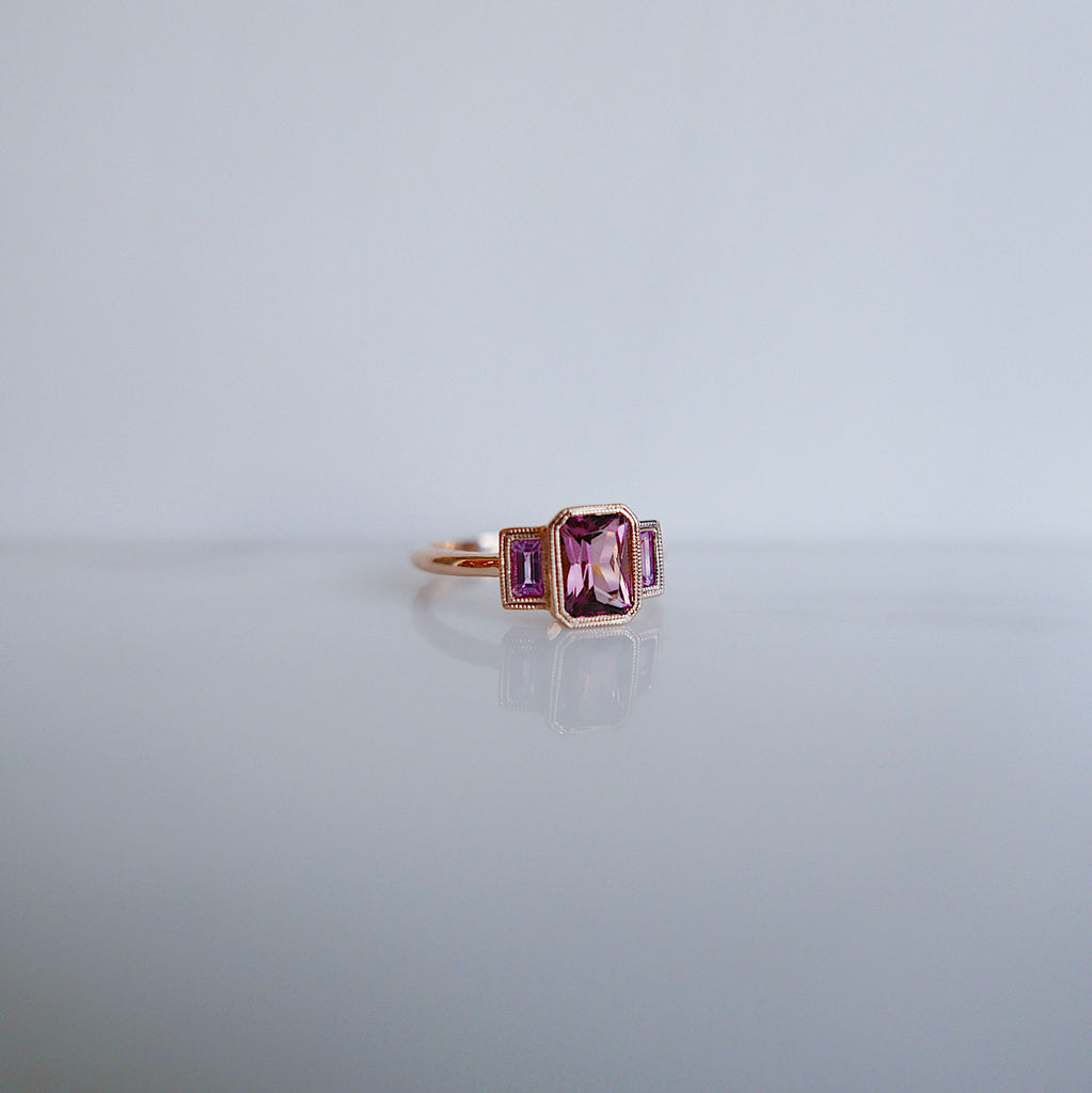 Charlotte Radiant Pink Tourmaline and Sapphire Ring, emerald cut bezel 3 stone ring, three stone wedding ring, classic engagement ring