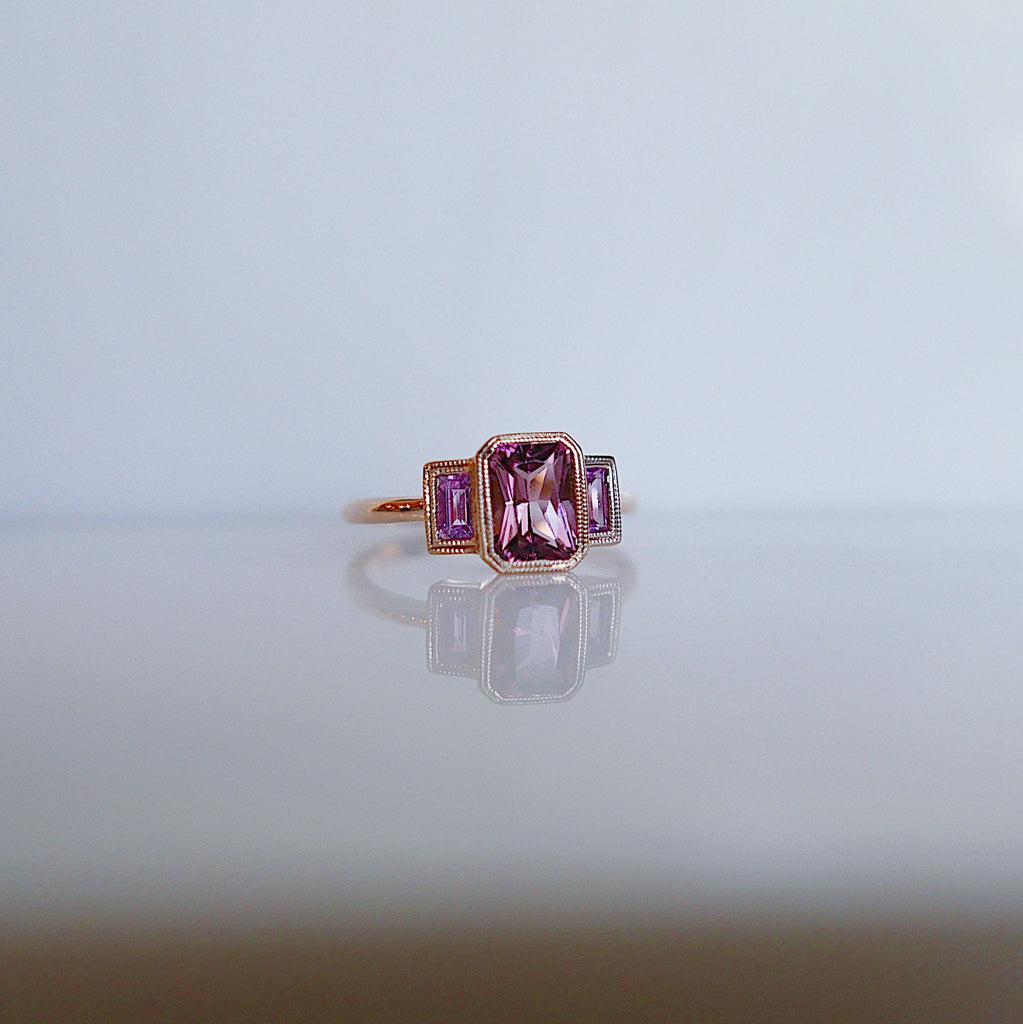 Charlotte Radiant Pink Tourmaline and Sapphire Ring, emerald cut bezel 3 stone ring, three stone wedding ring, classic engagement ring