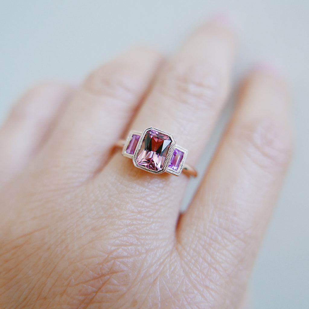 Charlotte Radiant Pink Tourmaline and Sapphire Ring, emerald cut bezel 3 stone ring, three stone wedding ring, classic engagement ring