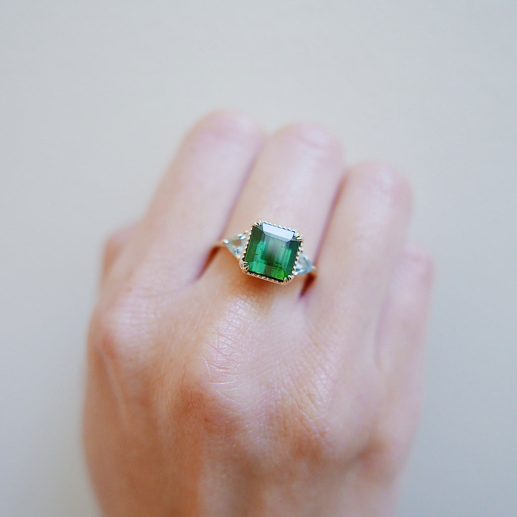 Greener Pastures OOAK Tourmaline Ring, Green Tourmaline and Aquamarine Trillions 3 stone ring,  colorful engagement ring