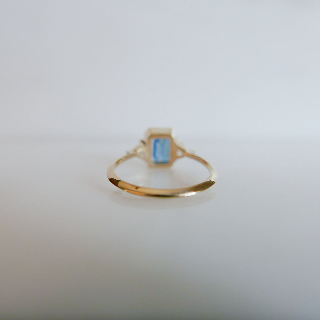 Amelia blue sapphire Ring, 3 stone ring, classic alternative engagement ring, light blue sapphire emerald cut and Diamond trillion ring