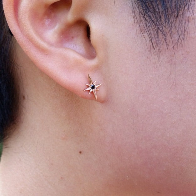 Polaris Earrings, 14k rose gold earrings, 14k Five Point star earrings, Starburst Earrings, Black Diamond Star Earrings, Diamond Starburst