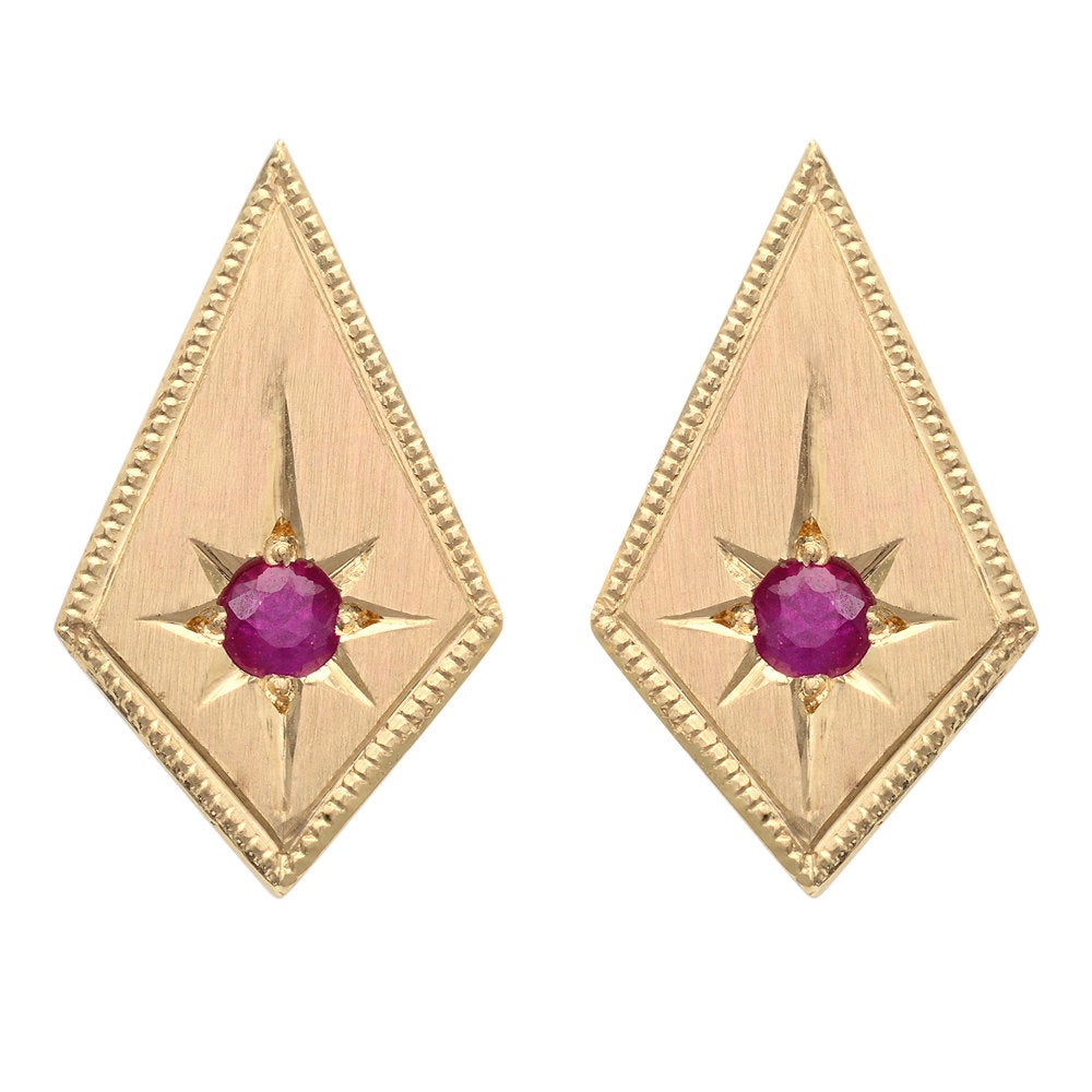 14k Diamond shape earrings, Modern kite earrings with Ruby, kite earrings, gold and ruby diamond earrings, ruby earrings, diamond shaped