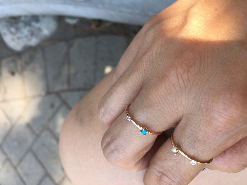 Turquoise Duet Ring (Small), 14k Diamond & turquoise Ring, Mini turquoise Ring, Two Stone Band, Stacking Band, Stacking Ring, 14k Gold Band