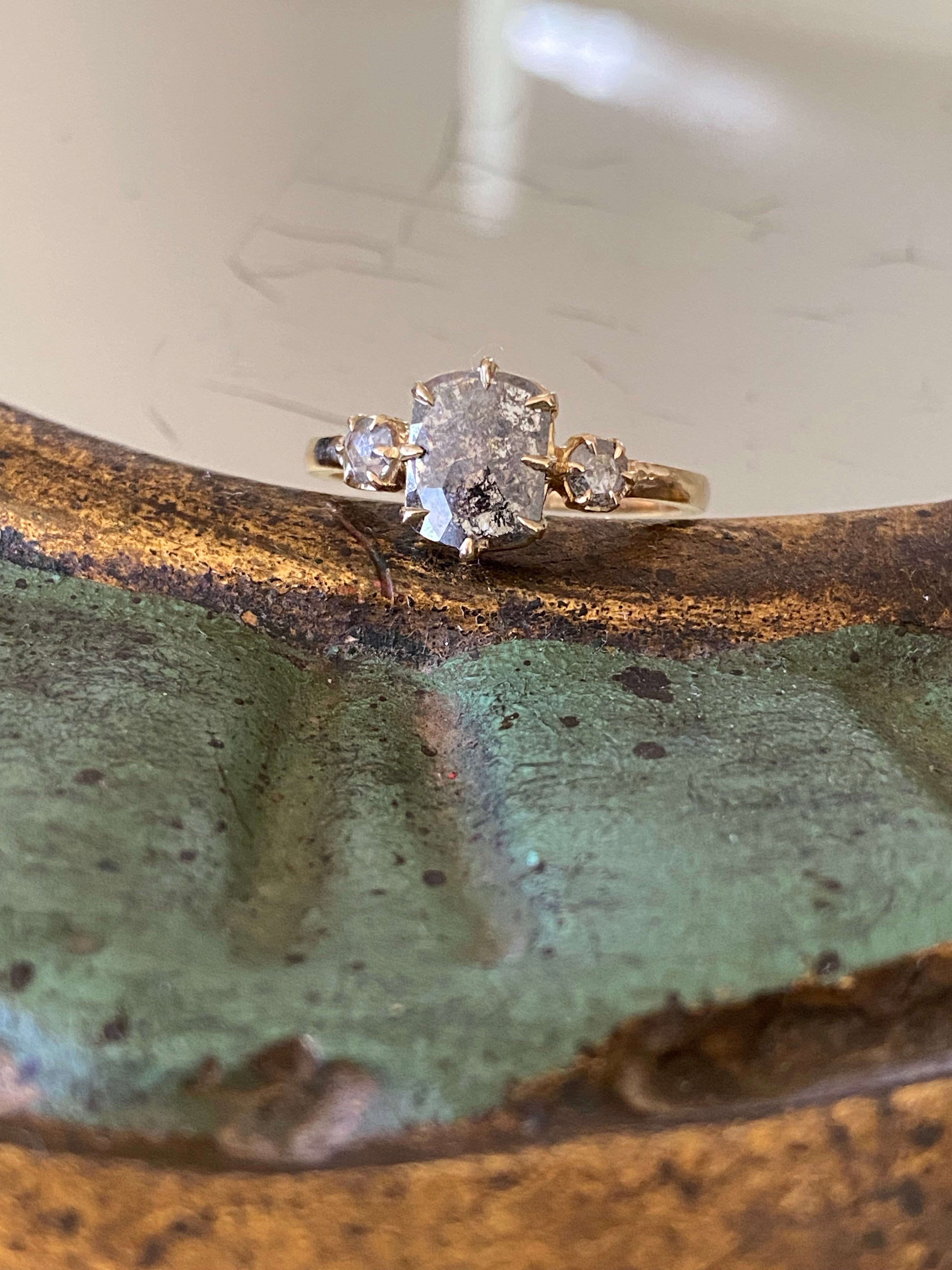 Maude Three Stone OOAK Salt and Pepper Rosecut Diamond Ring