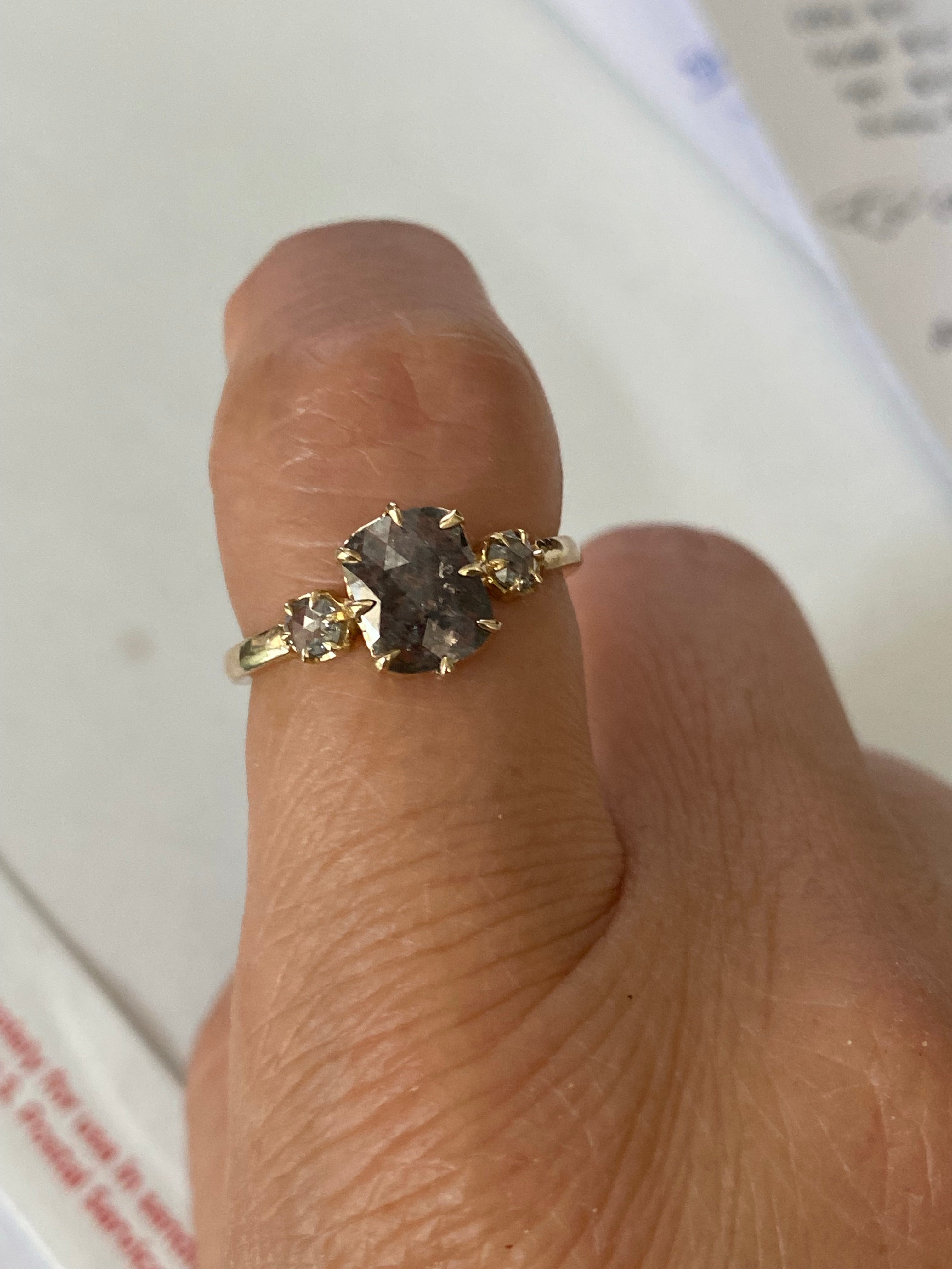 Maude Three Stone OOAK Salt and Pepper Rosecut Diamond Ring