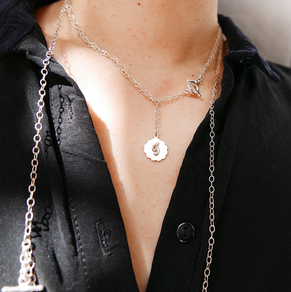 Initial Double Chain Lariat Necklace, Sterling Silver and 14k Gold Disc, Personalized necklace, Initial necklace, Initial lariat necklace