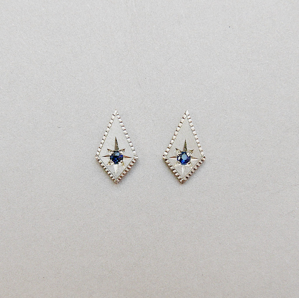 Modern diamond shape earring, Sterling silver Kite earring with sapphire, kite earring, geometric stud
