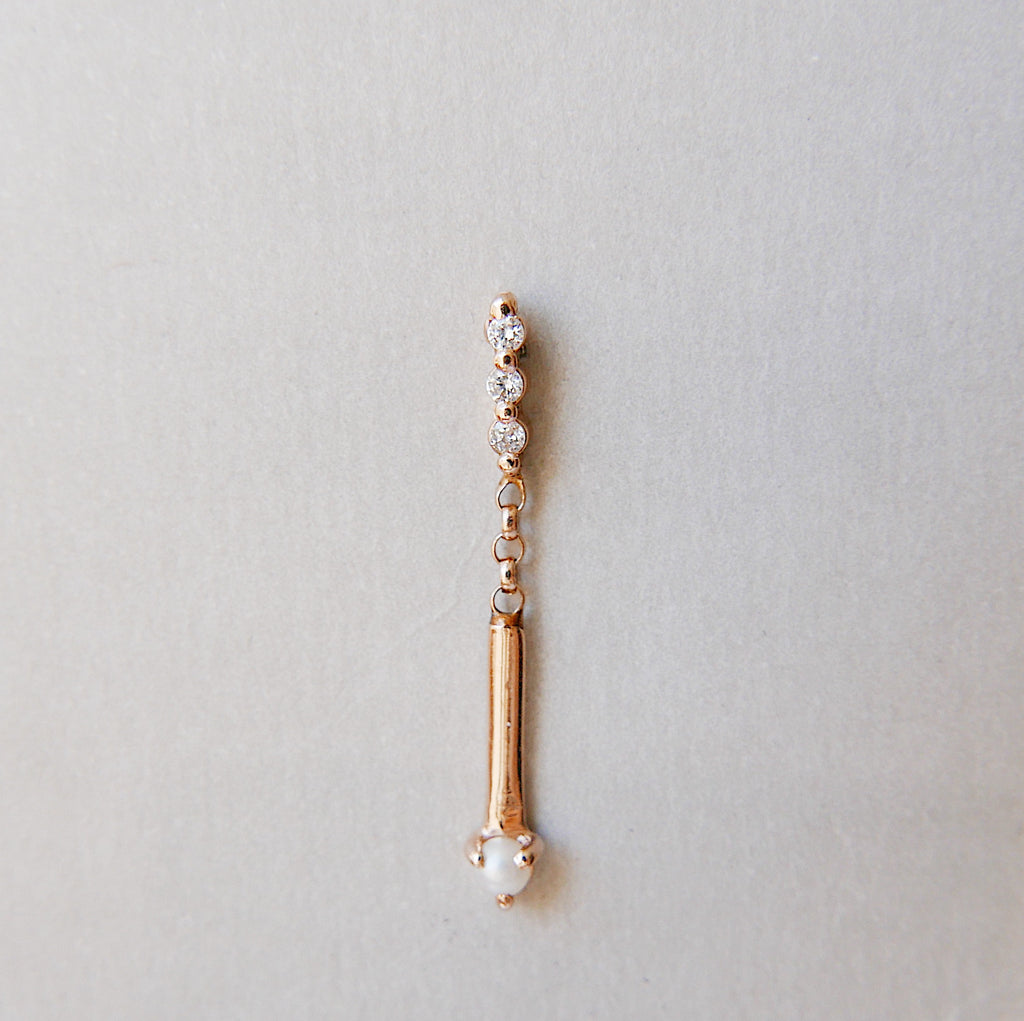 Pearl Matchstick Diamond Earring, 14k Gold Diamond Bar Earring, 14k Gold Pearl Dangle Earring, Diamond and Pearl Earring, Pearl and Diamond