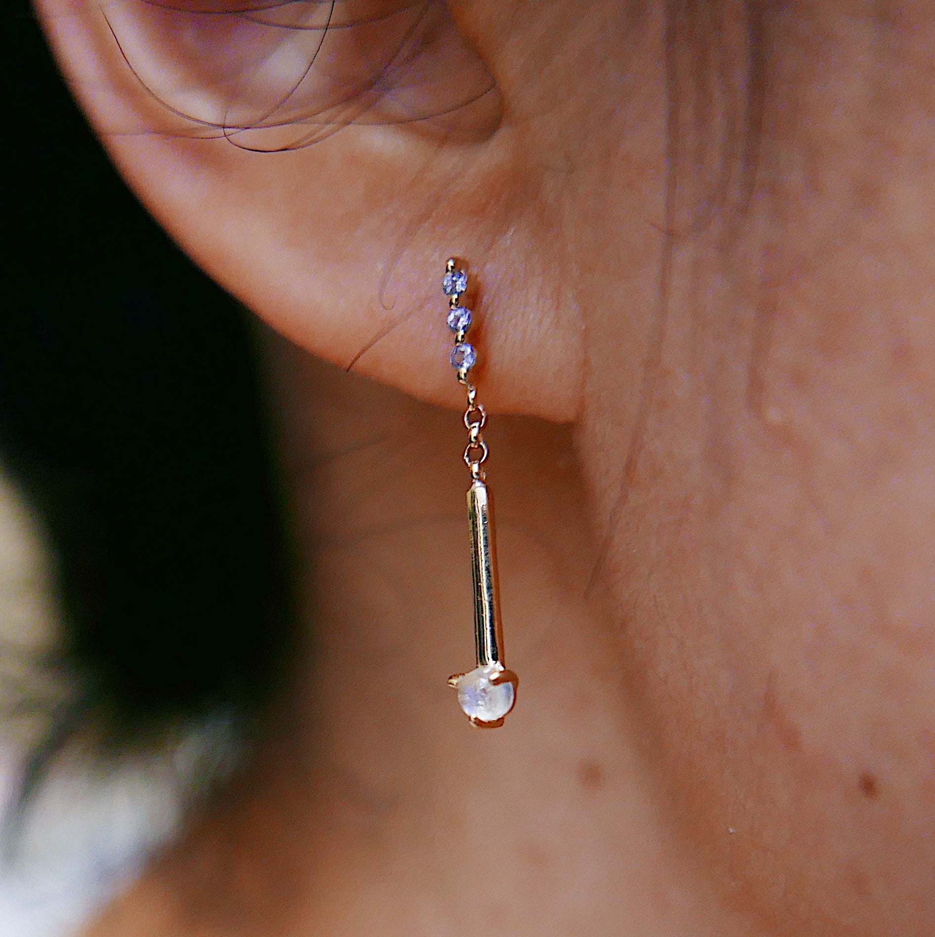 Moonstone Matchstick Earrings, 14k Gold. Moonstone, Tanzanites