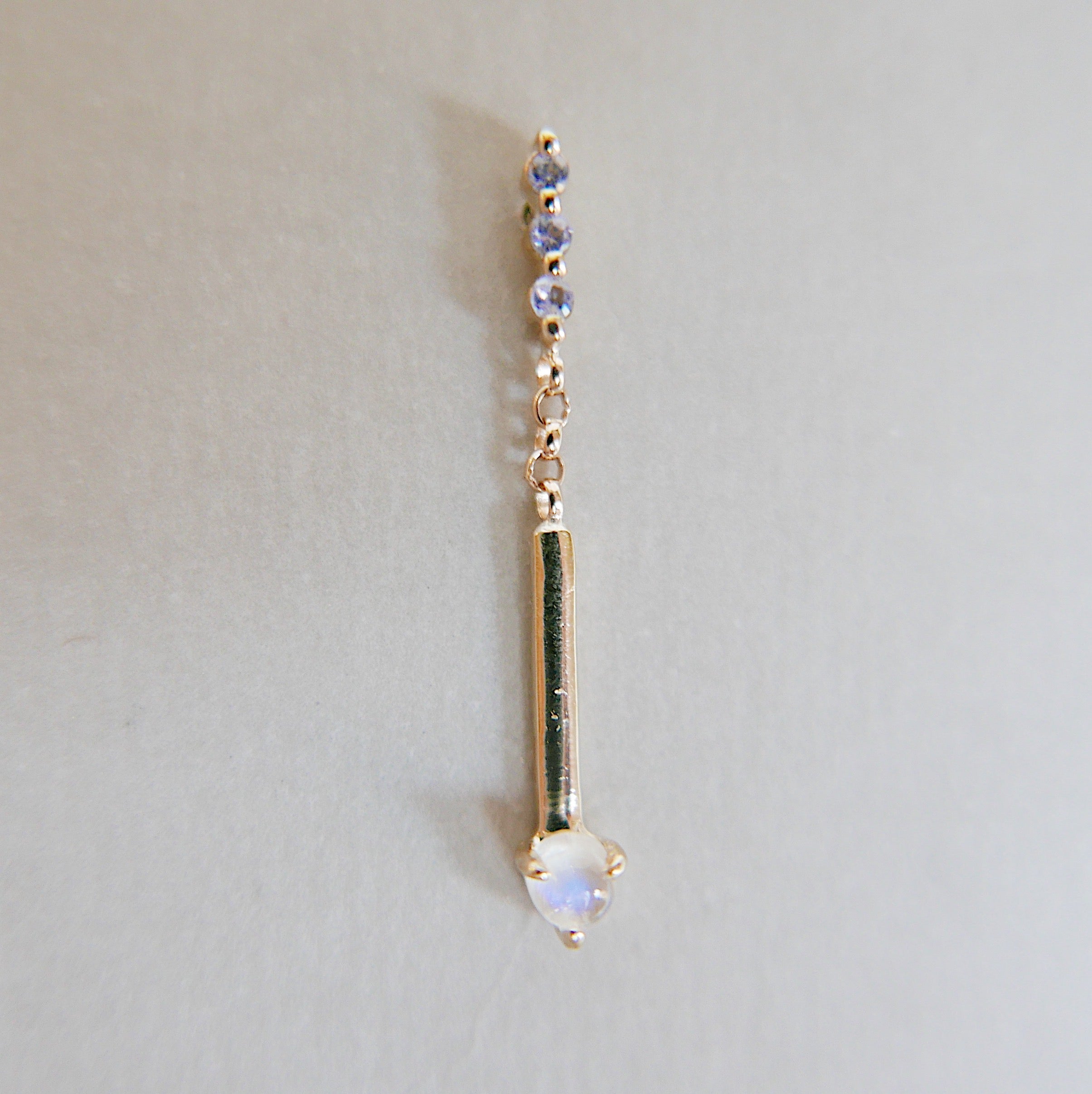 Moonstone Matchstick Earrings, 14k Gold. Moonstone, Tanzanites