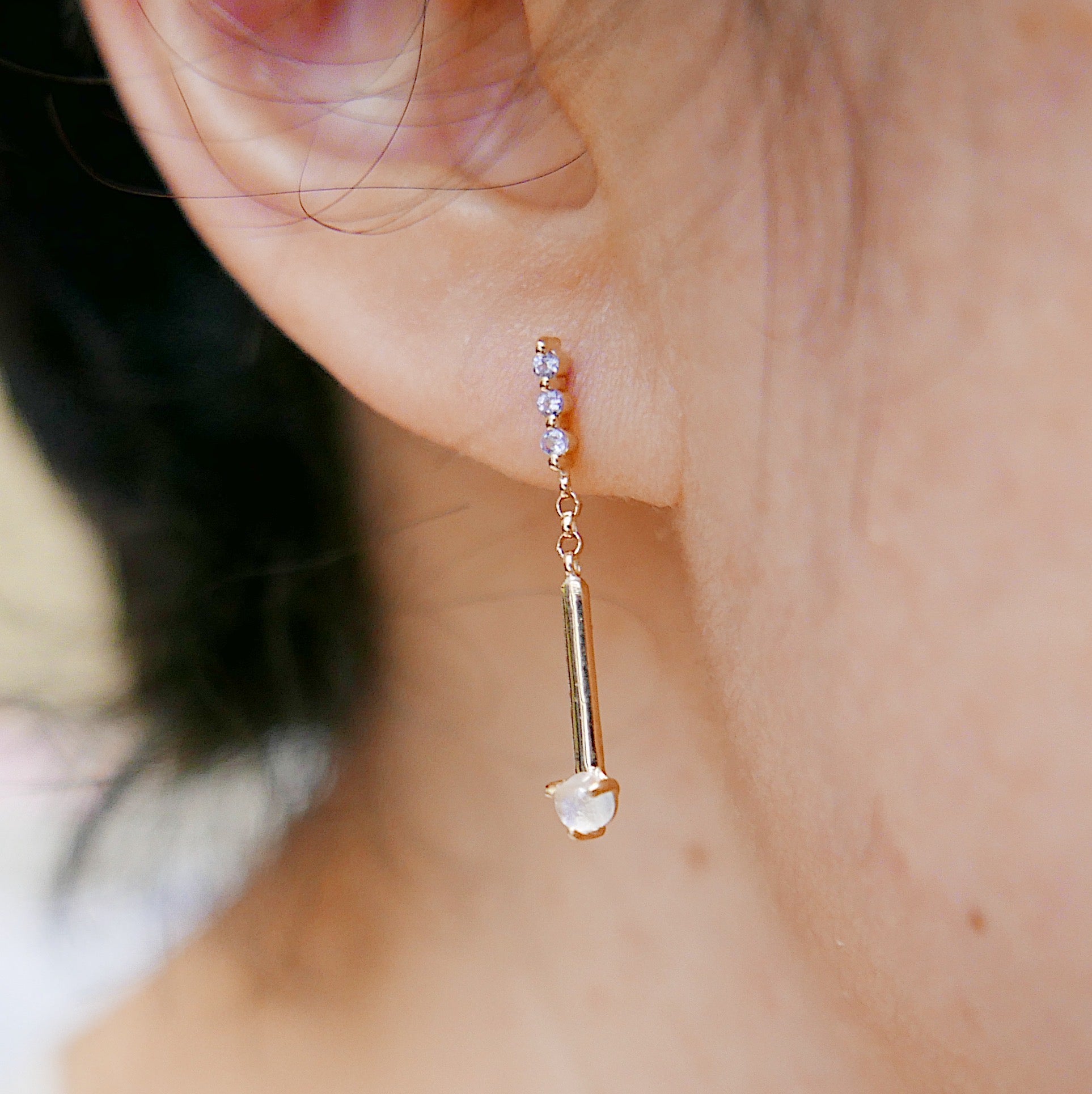 Moonstone Matchstick Earrings, 14k Gold. Moonstone, Tanzanites
