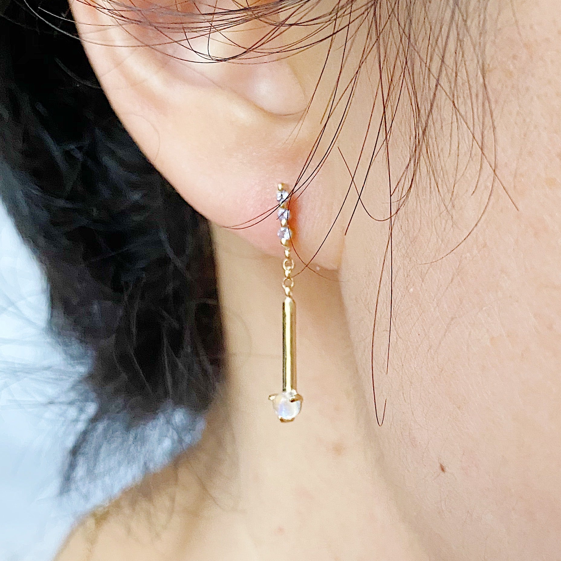 Moonstone Matchstick Earrings, 14k Gold. Moonstone, Tanzanites