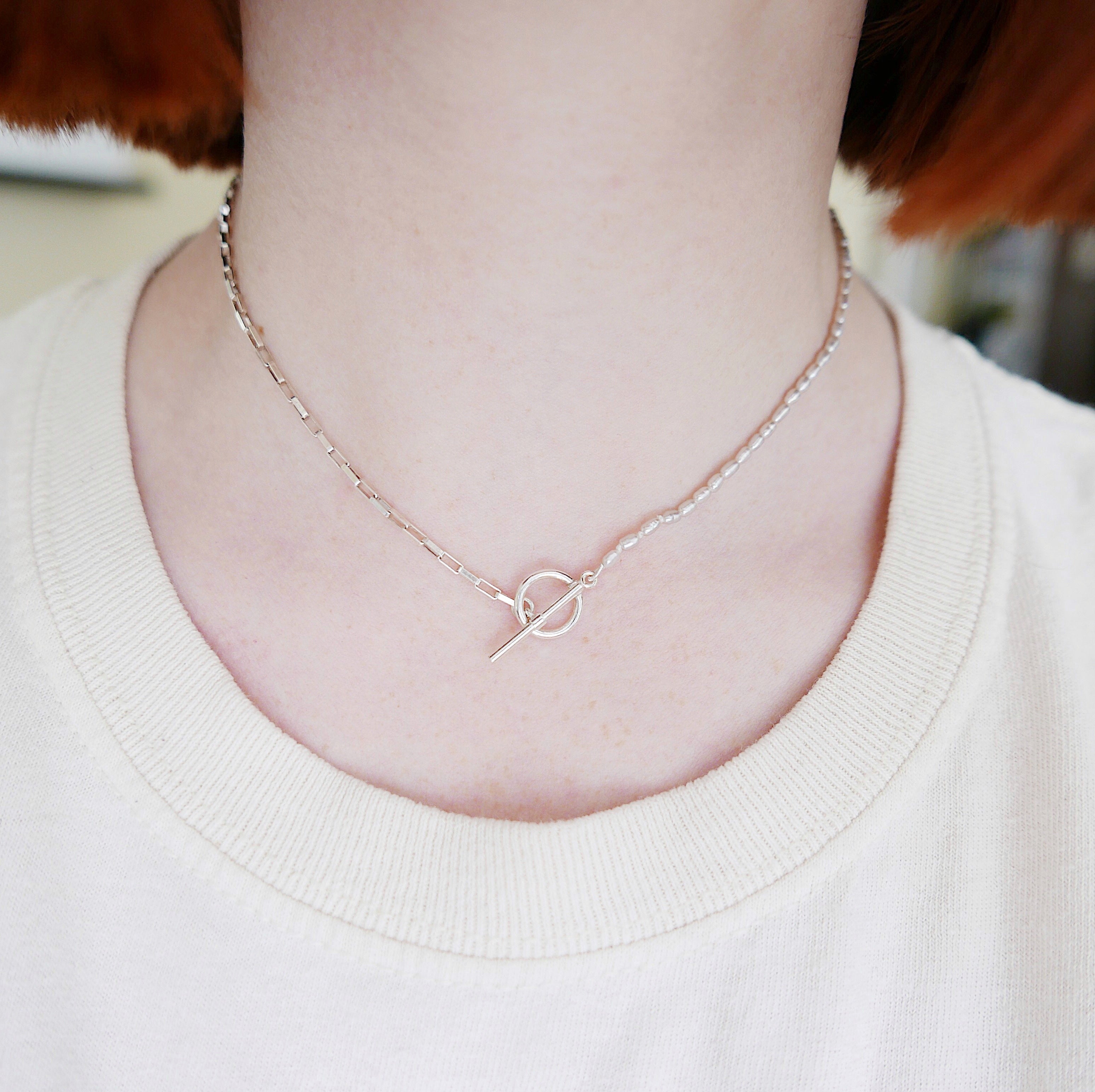 Mini Split Personality Choker, pearl and chain Toggle Choker, Elongated silver oval link choker, chain choker, pearl choker