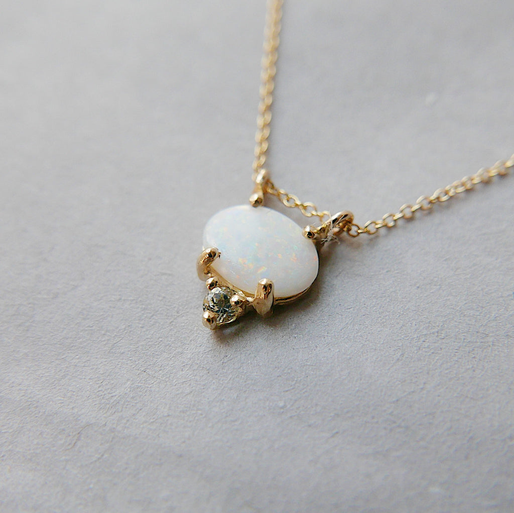 Nyla Opal Aquamarine Necklace, Oval opal and aquamarine necklace, two stone pendant necklace, prong set necklace