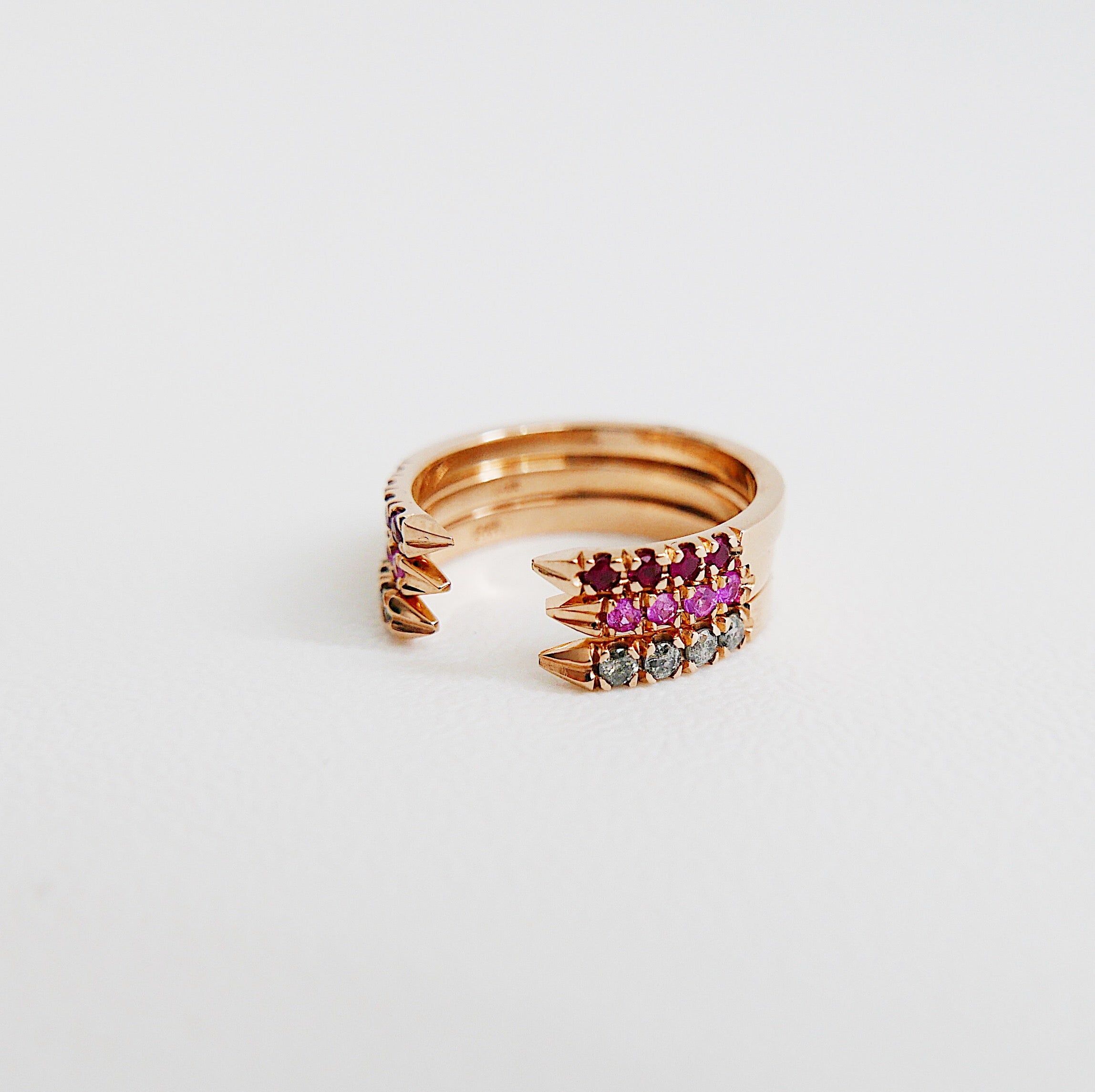 On Pointe ring, open grey diamond cuff ring, ruby ring, pink sapphire ring, pointed cuff ring, stacking ring, wedding band