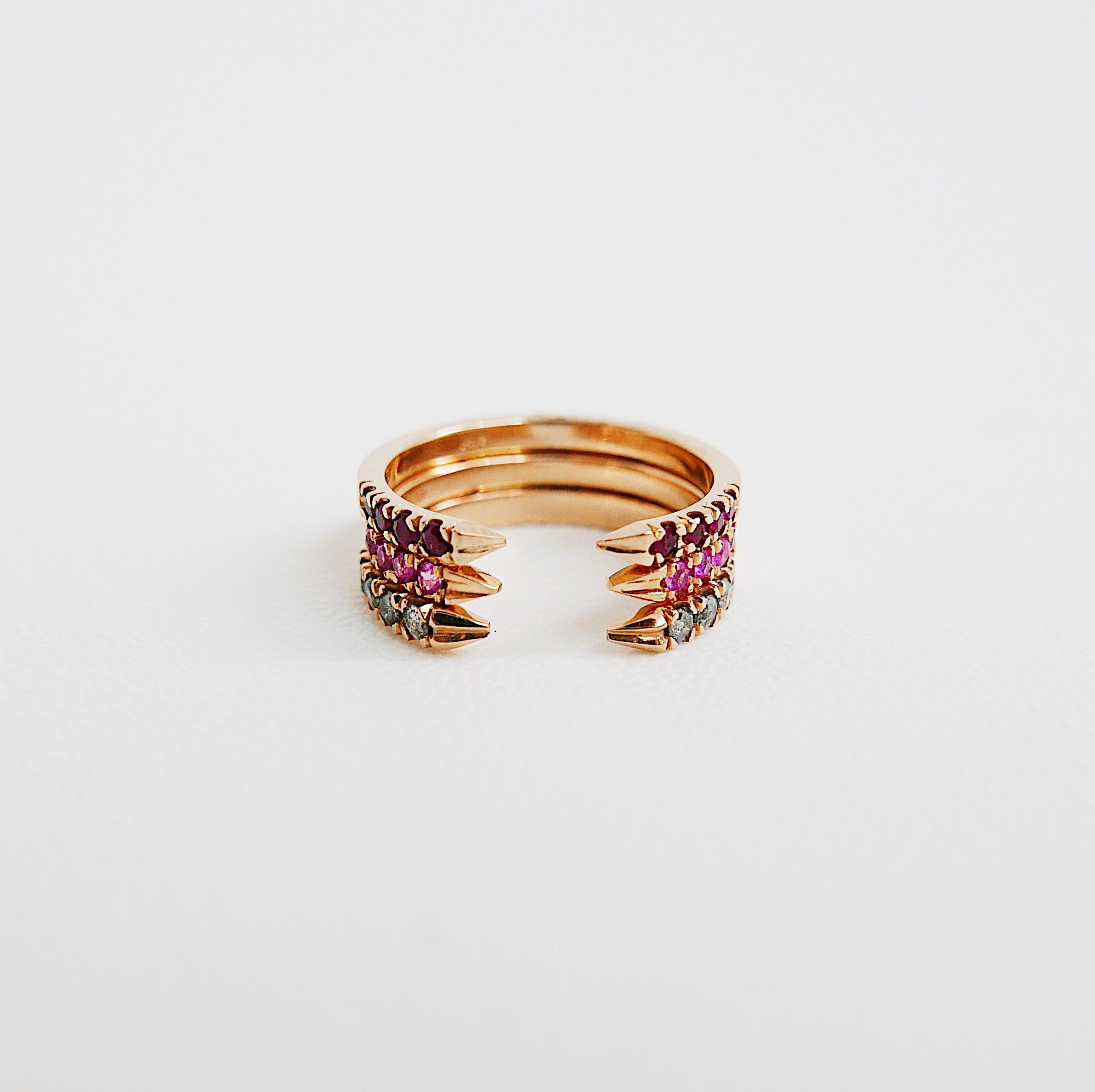On Pointe ring, open grey diamond cuff ring, ruby ring, pink sapphire ring, pointed cuff ring, stacking ring, wedding band