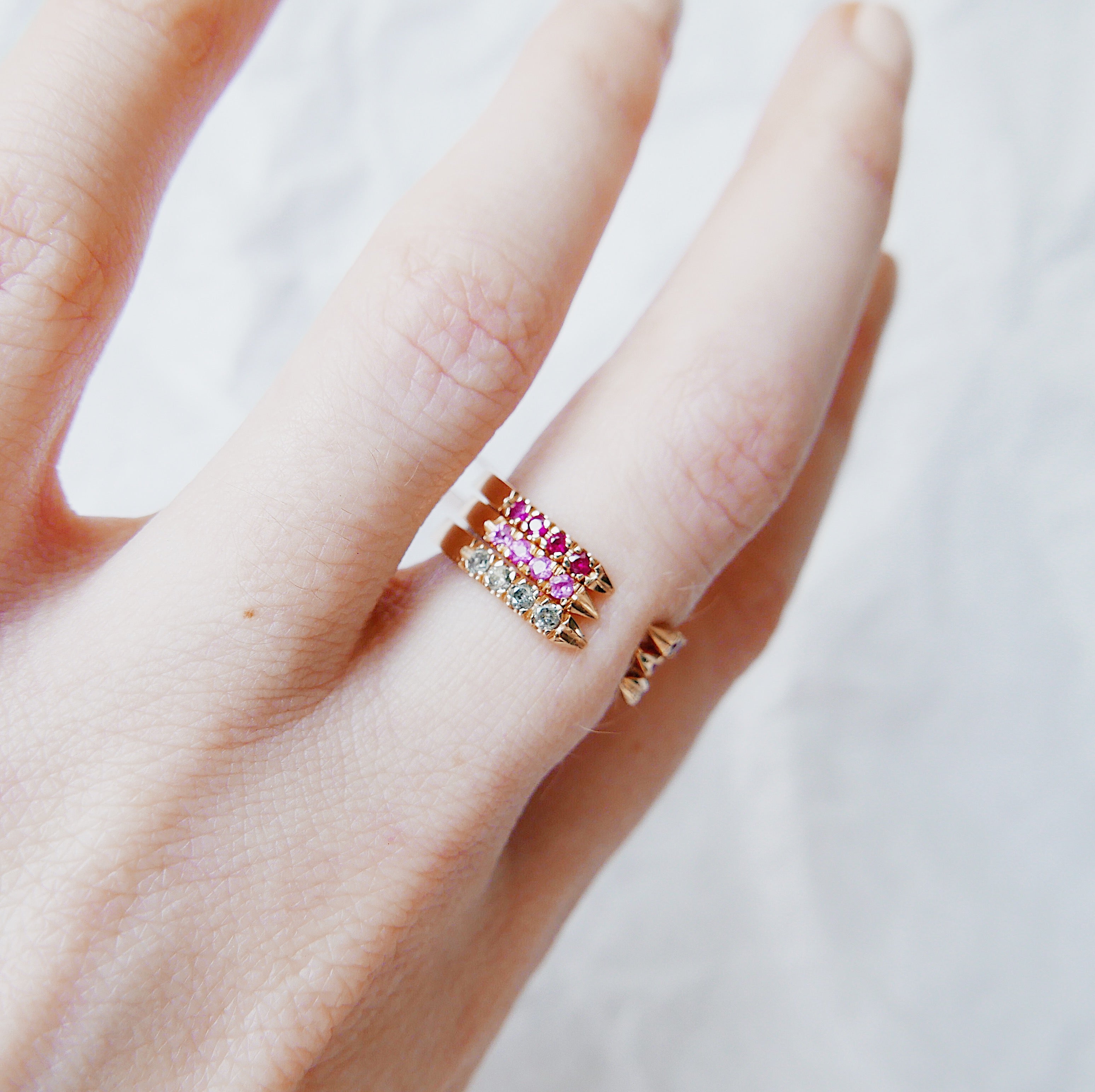 On Pointe ring, open grey diamond cuff ring, ruby ring, pink sapphire ring, pointed cuff ring, stacking ring, wedding band