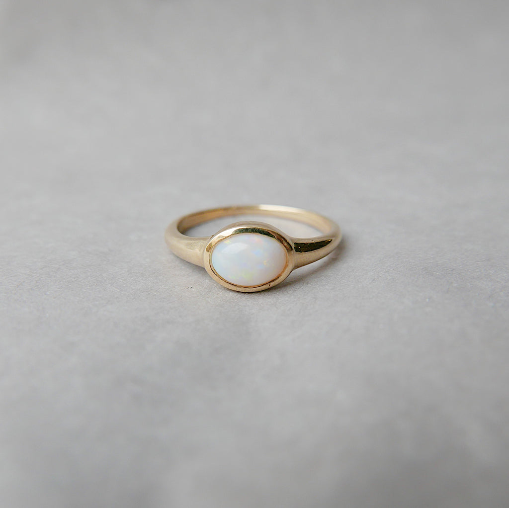 Opal Signet Ring, three stone opal ring, opal and diamond ring, 14k gold bold opal ring, oval opal ring, oval bezel opal ring