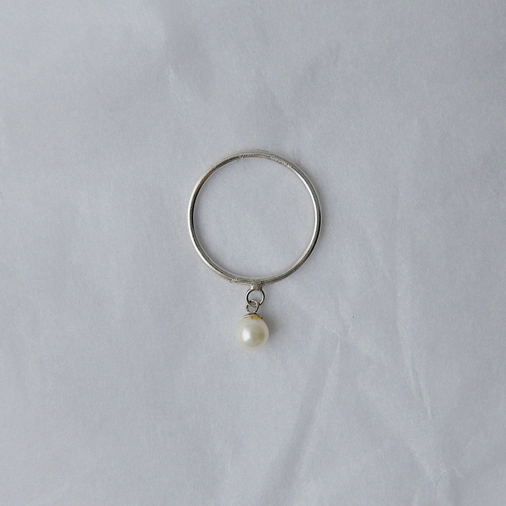 Pearl Charm ring, hanging pearl ring, silver pearl ring, charm ring, dangling pearl ring