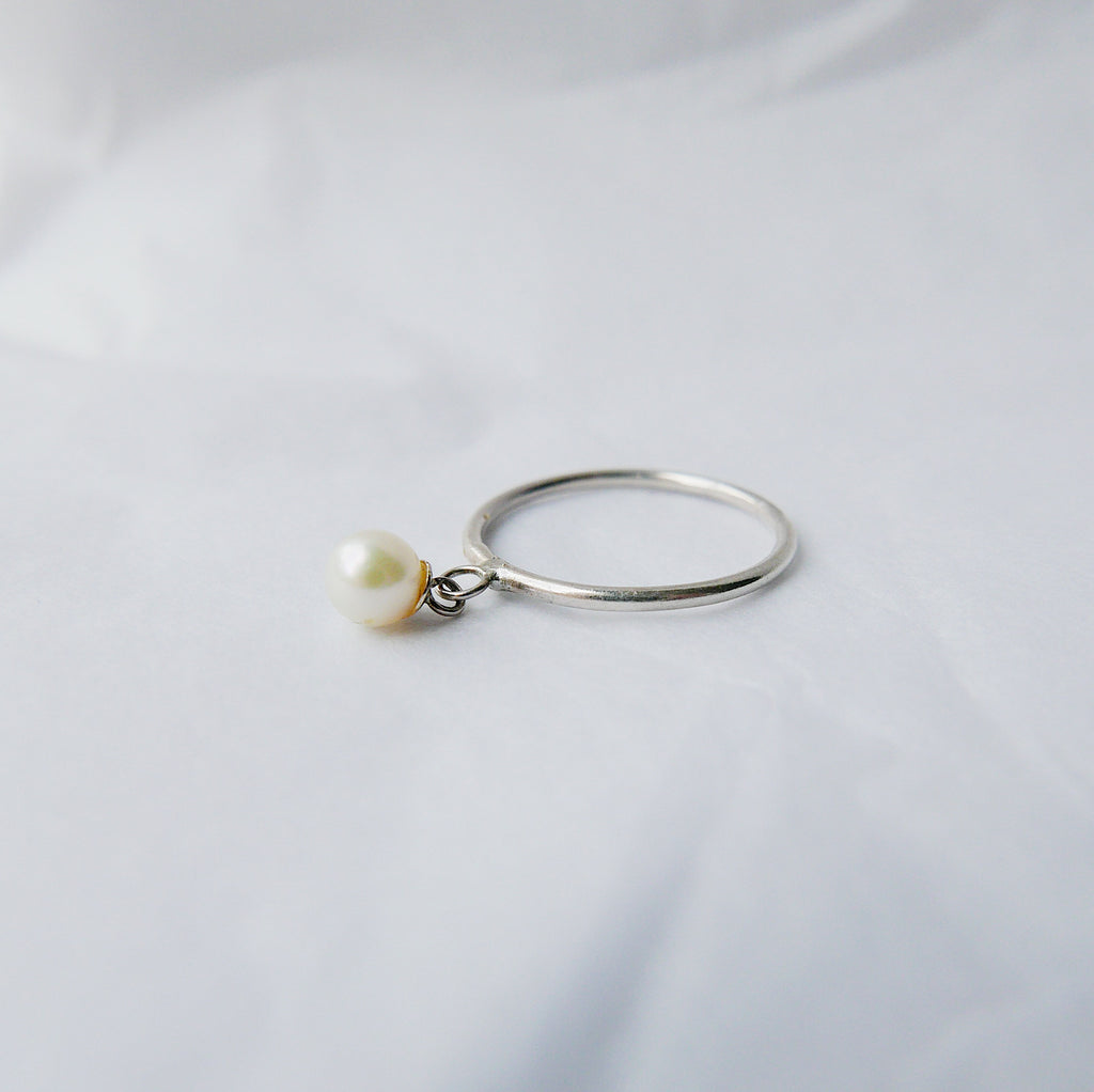 Pearl Charm ring, hanging pearl ring, silver pearl ring, charm ring, dangling pearl ring