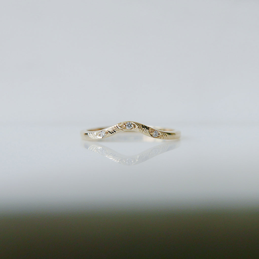 Plume Arc Diamond Ring, 14k gold nesting ring, stacking ring, wedding band, thin delicate dainty ring, thin band, hand engraved gold ring