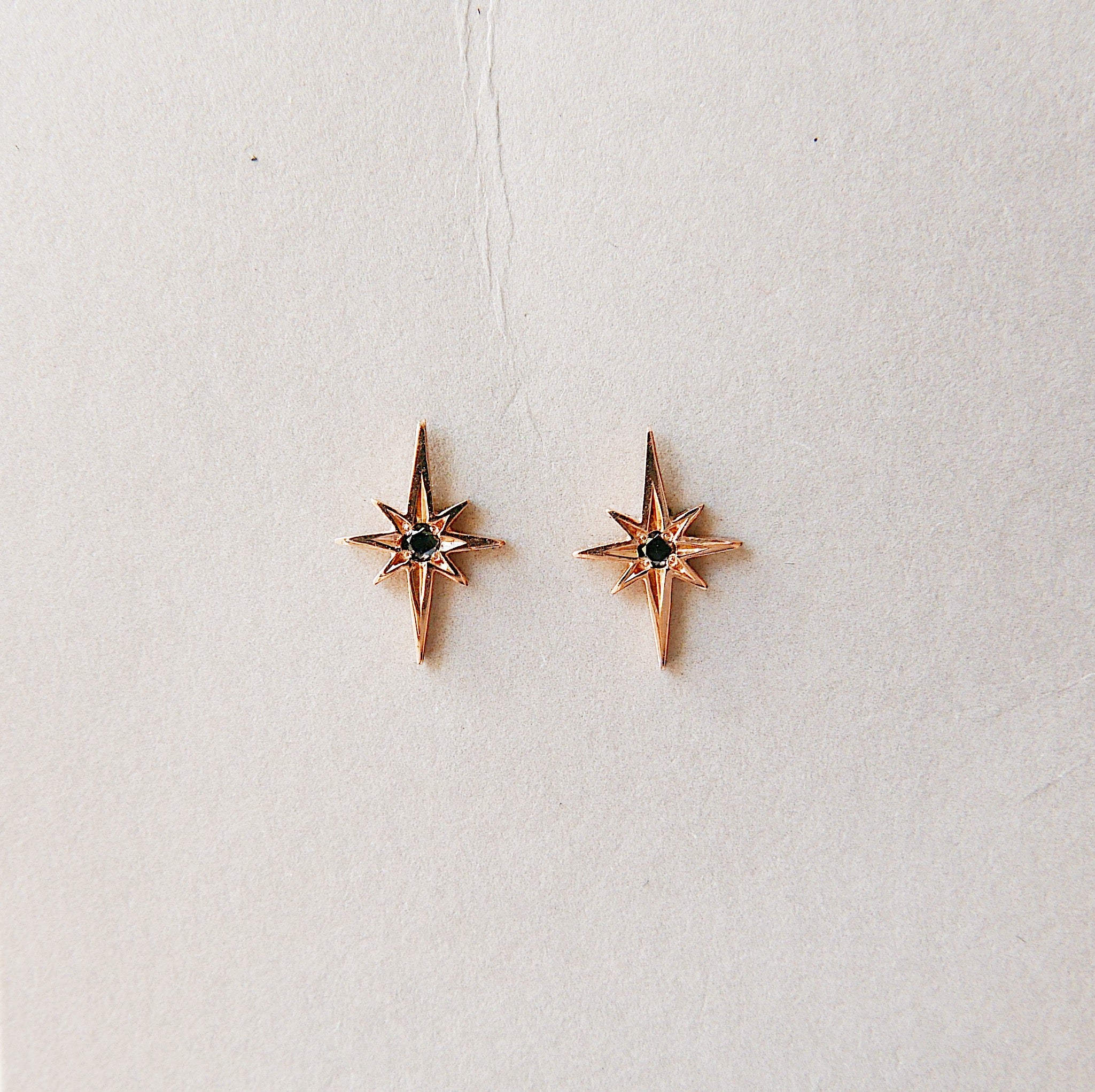 Polaris Earrings, 14k rose gold earrings, 14k Five Point star earrings, Starburst Earrings, Black Diamond Star Earrings, Diamond Starburst