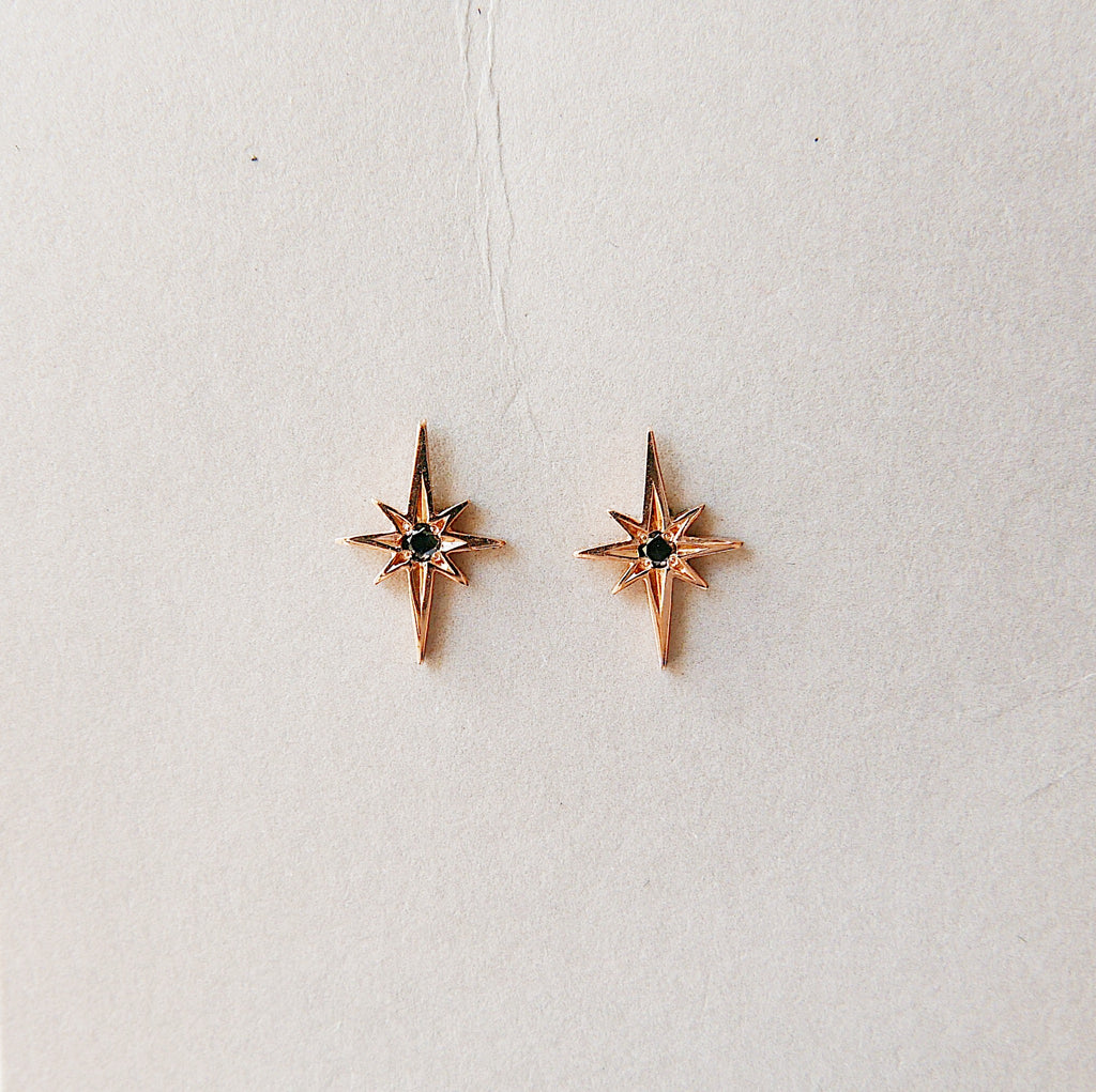 Polaris Earrings, 14k rose gold earrings, 14k Five Point star earrings, Starburst Earrings, Black Diamond Star Earrings, Diamond Starburst