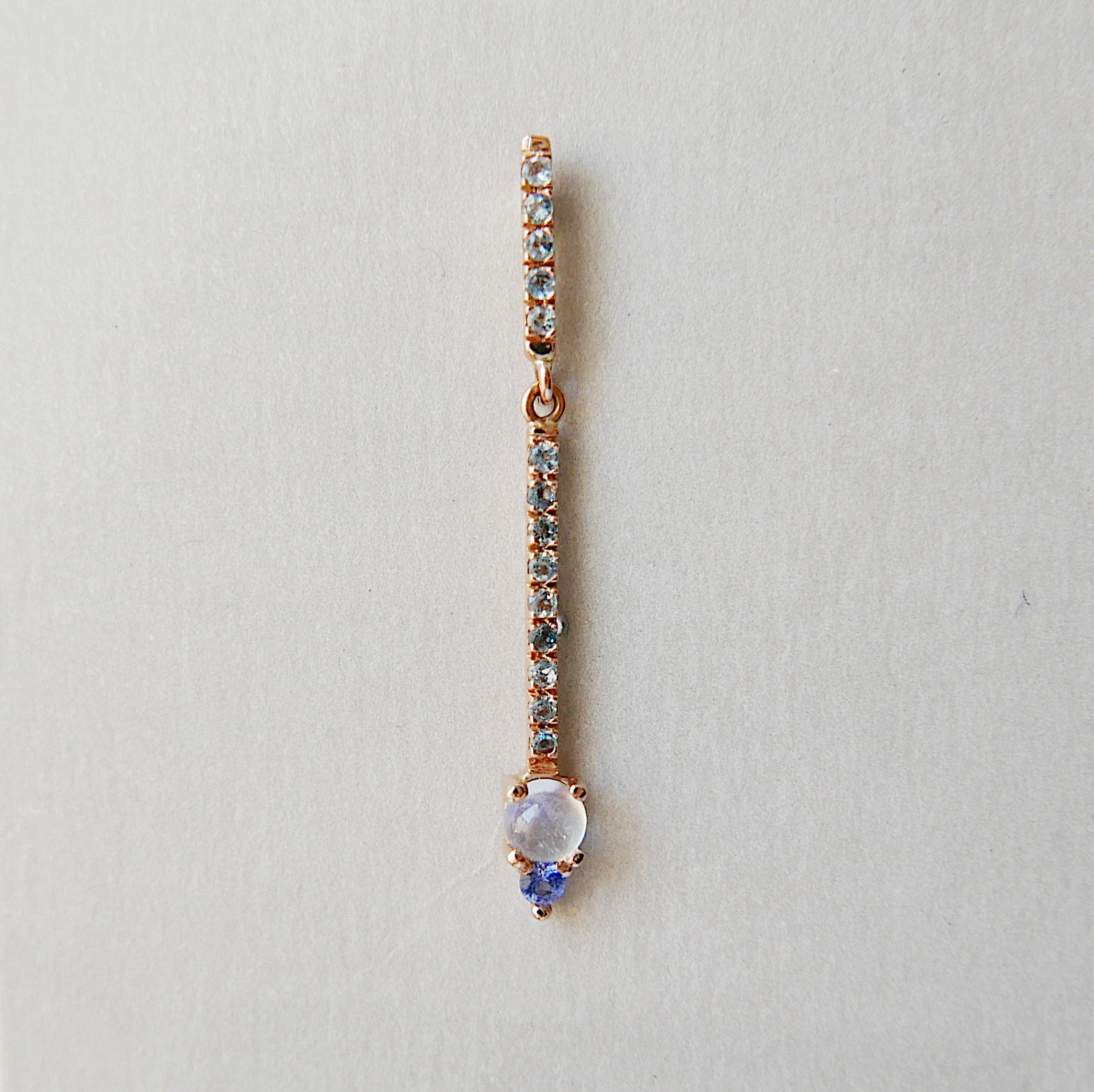 Sticks and Stones Round Duo Earring, 14k Gold Moonstone and Iolite Bar Earring, 14k Gold Aquamarine Dangle Earring