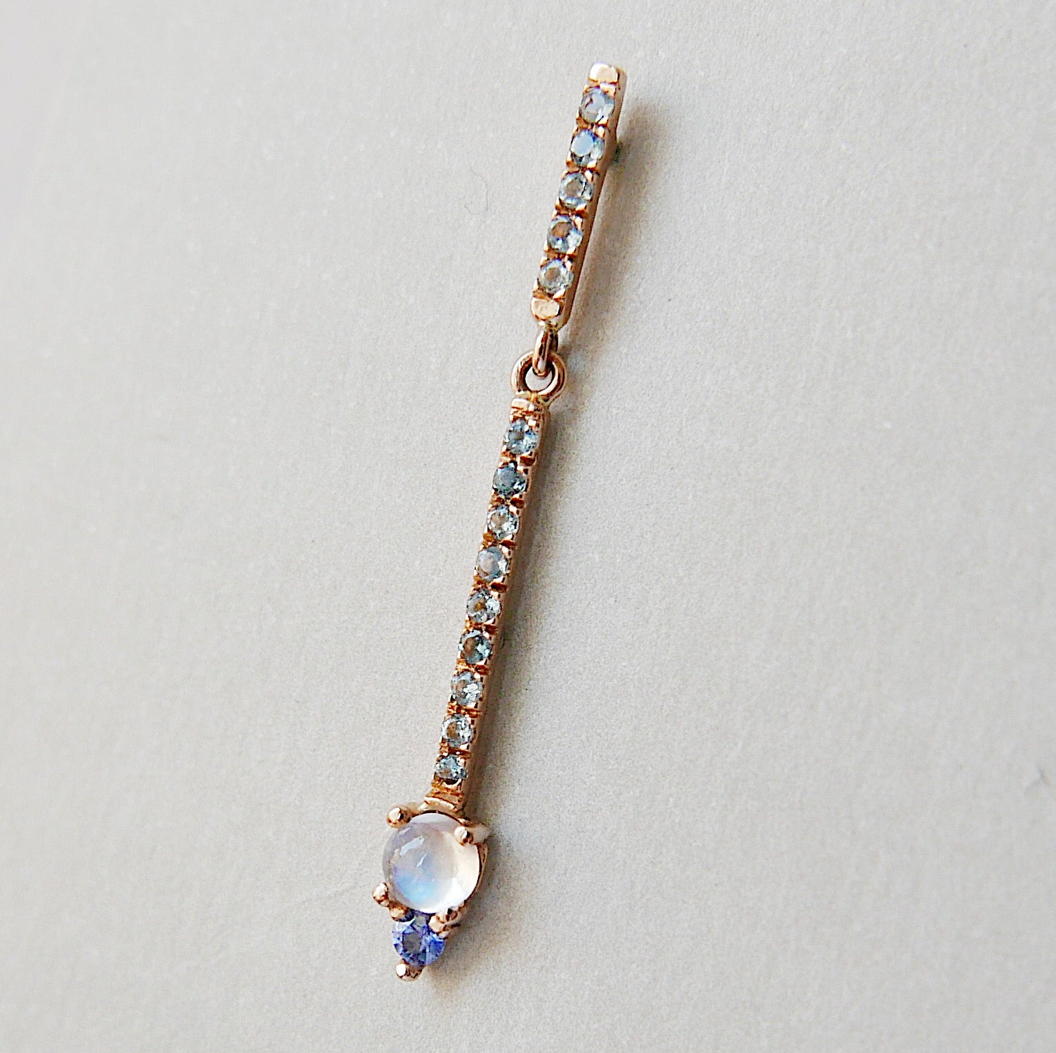 Sticks and Stones Round Duo Earring, 14k Gold Moonstone and Iolite Bar Earring, 14k Gold Aquamarine Dangle Earring