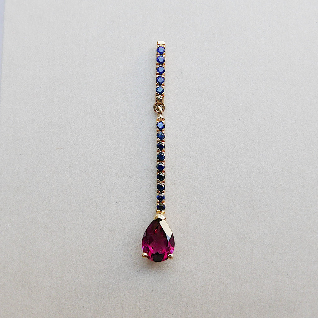 Sticks and Stones Pear Duo Earring, 14k Gold Rhodolite Garnet Bar Earring, 14k Gold Sapphire Dangle Earring