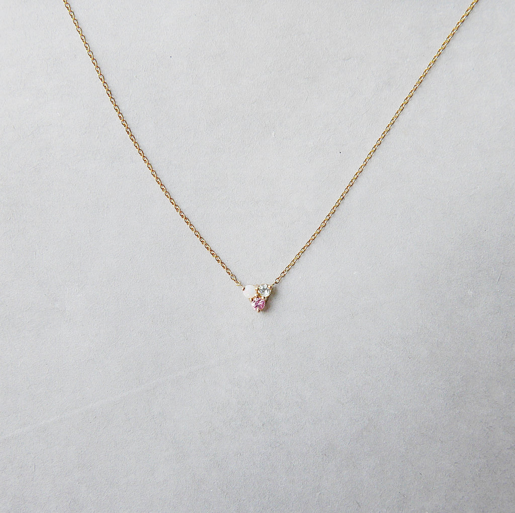 Trinity charm necklace, small 14k gold opal necklace, small gold necklace, Aquamarine necklace, Pink sapphire necklace