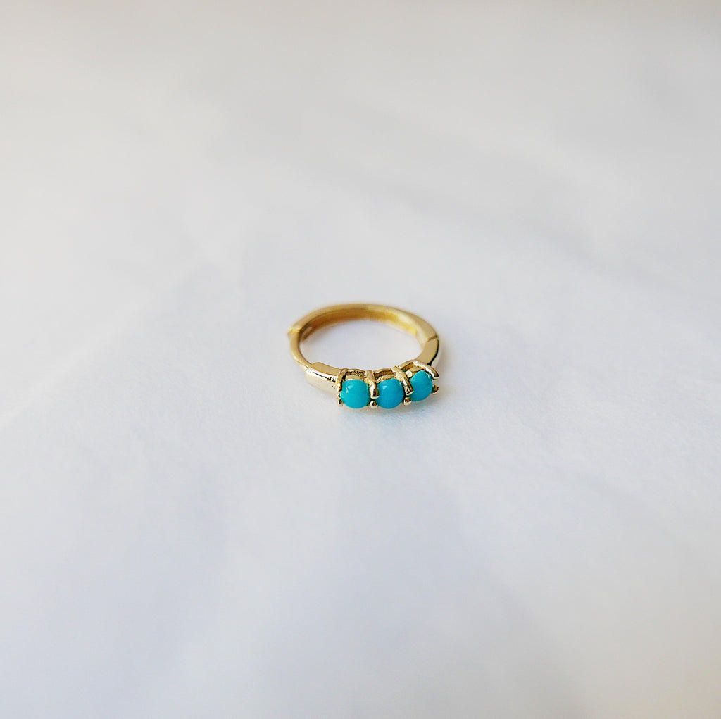 Turquoise gold hoop, small 14k gold hoop, small three stone turquoise gold hoop, gold hoops, turquoise gold huggie, turquoise earring