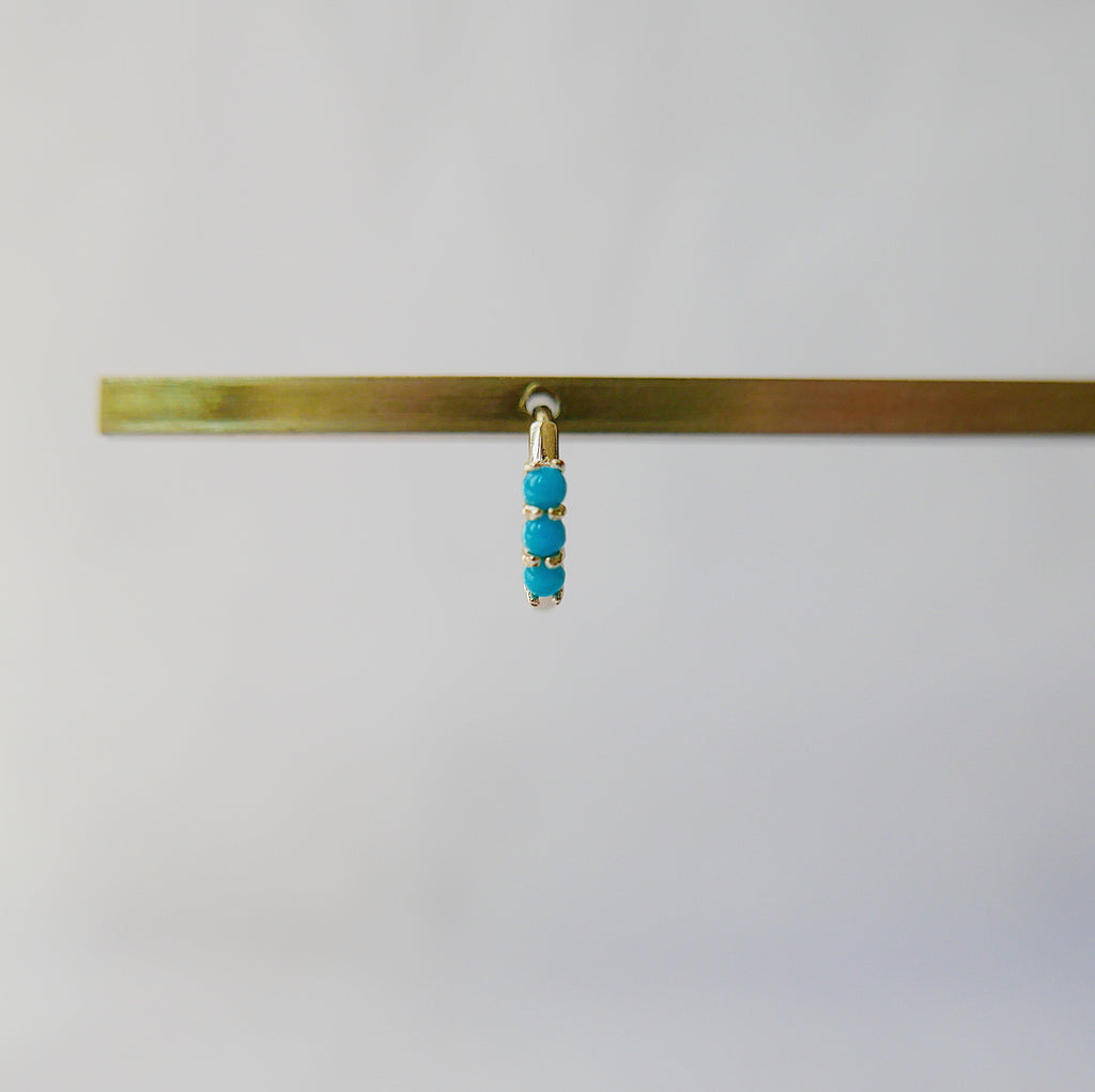 Turquoise gold hoop, small 14k gold hoop, small three stone turquoise gold hoop, gold hoops, turquoise gold huggie, turquoise earring