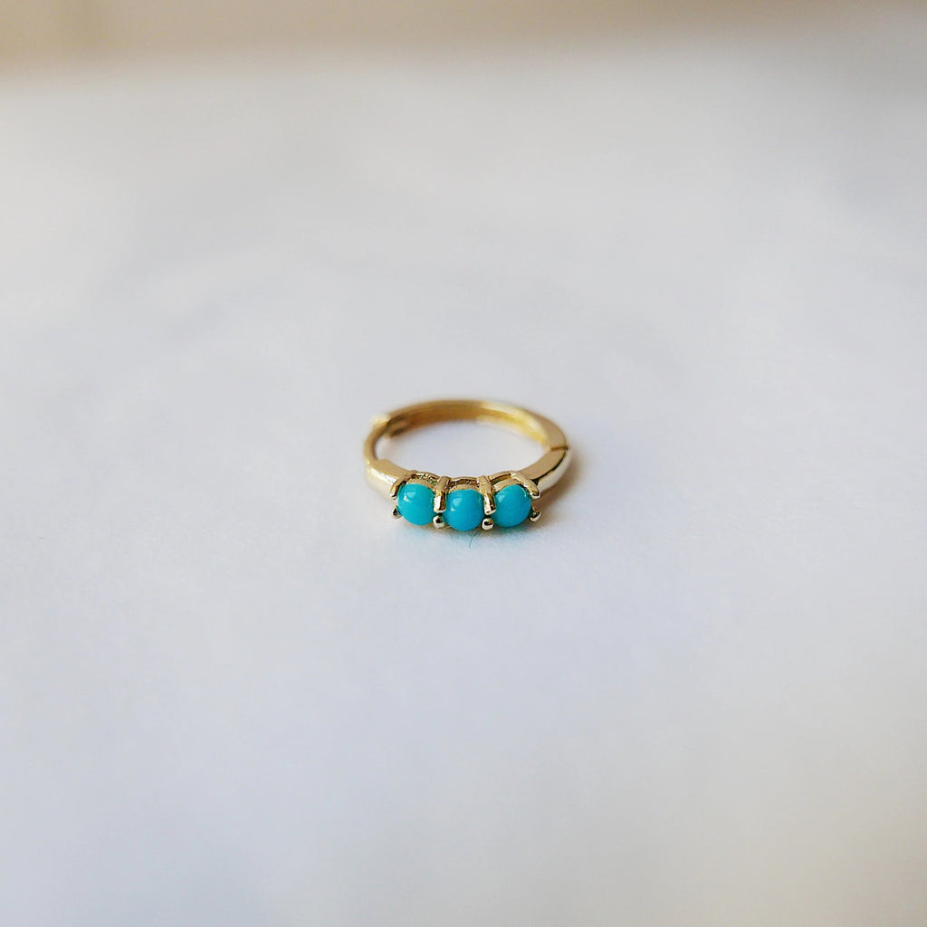 Turquoise gold hoop, small 14k gold hoop, small three stone turquoise gold hoop, gold hoops, turquoise gold huggie, turquoise earring